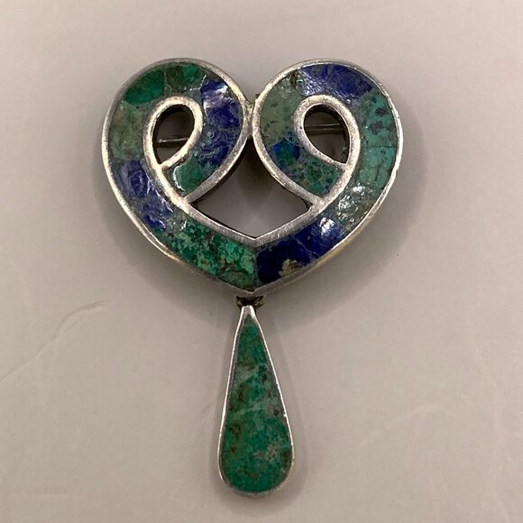 TAXCO Los Castillo Mexico Eagle 15 Heart Azteca 207 Brooch Malachite Chrysocolla - Picture 3 of 12